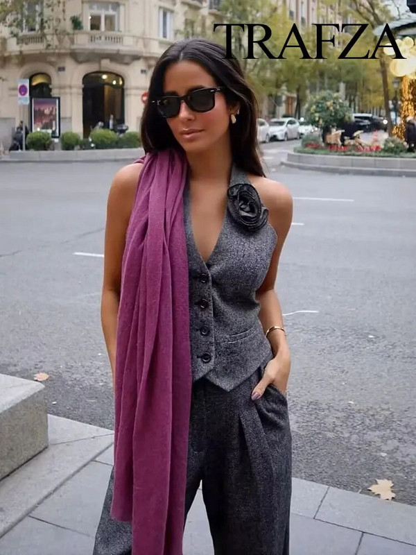 TRAFZA tavaszi női divatos 3 részes hajtóka hosszú ujjú blézerkabát + formális stílusú öltöny mellény + vad női széles lábú hosszú nadrág