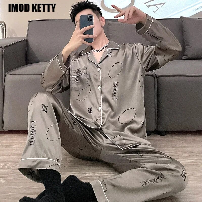 Casual Home Wear Autumn Silk Boy Σετ Πυτζάμες Leisure Σετ Πυτζάμες Άνετες Ανδρικές Σετ Πιτζάμες Leisure Μακρυμάνικο Ανδρικές πιτζάμες