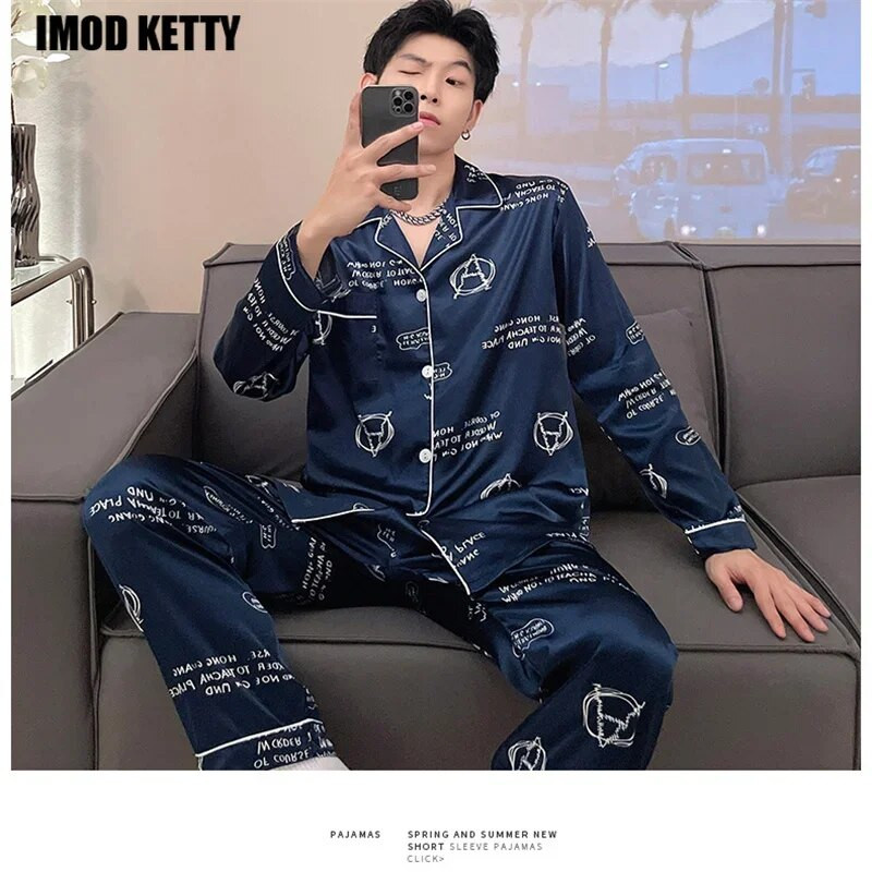 Casual Home Wear Autumn Silk Boy Σετ Πυτζάμες Leisure Σετ Πυτζάμες Άνετες Ανδρικές Σετ Πιτζάμες Leisure Μακρυμάνικο Ανδρικές πιτζάμες