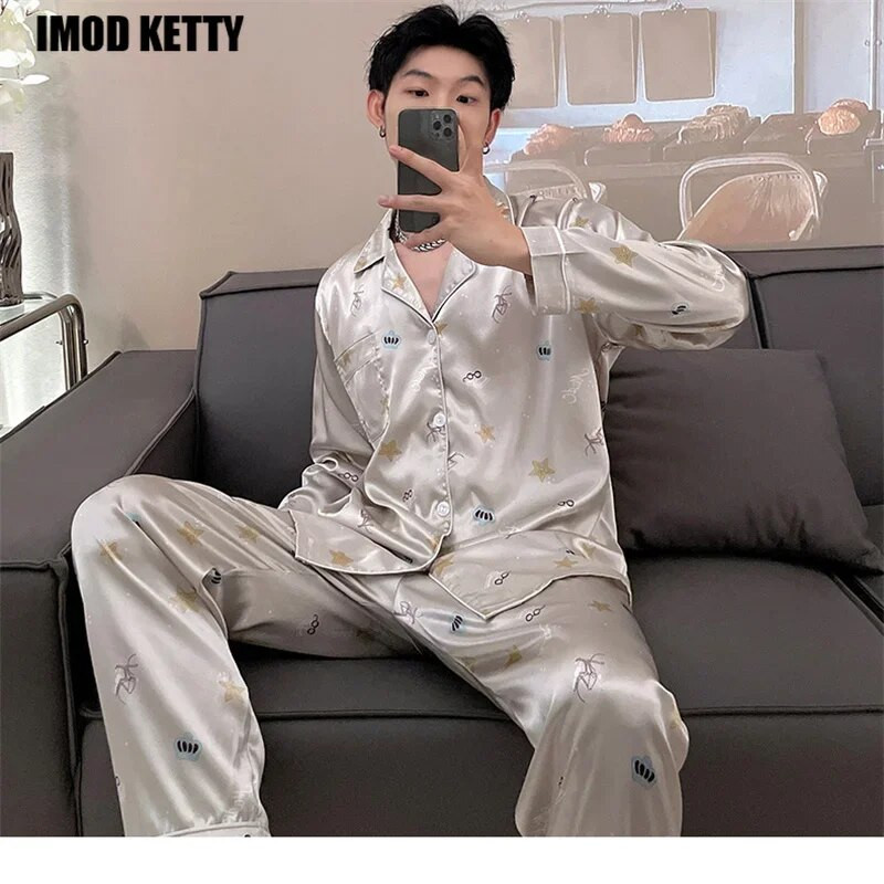 Casual Home Wear Autumn Silk Boy Σετ Πυτζάμες Leisure Σετ Πυτζάμες Άνετες Ανδρικές Σετ Πιτζάμες Leisure Μακρυμάνικο Ανδρικές πιτζάμες