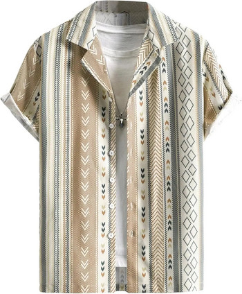 Лятна 2023 г. Мъжка цветна блокова райета с 3D отпечатано копче с къс ръкав Ежедневна модна хавайска риза Мъжки тънки официални ризи