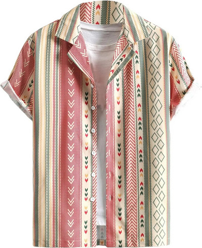 2023 Summer Men`s  Color Block striped 3d printed Short sleeve button casual fashion Hawaiian shirt  Men`s slimfit formal Shirts