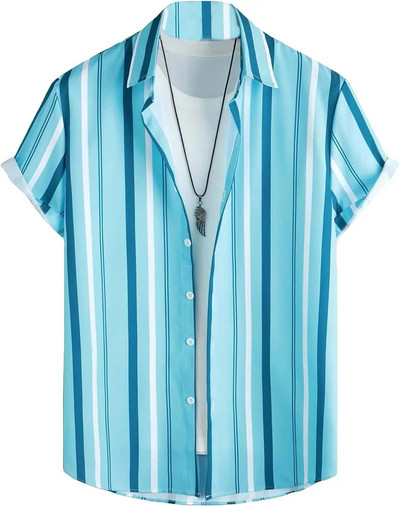 Ljeto 2023., muška havajska košulja s dugmadima kratkih rukava, ležerna modna havajska košulja s prugastim 3D tiskom u boji blokova, muške svečane uske košulje