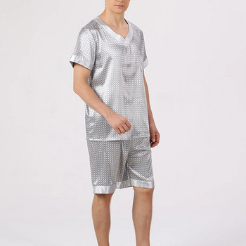Мъжки комплект пижами от копринен сатен Геометричен принт Сребристо сиво V деколте Горнища с къси ръкави Тениска + къси панталони Комплекти спално облекло