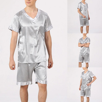 Мъжки комплект пижами от копринен сатен Геометричен принт Сребристо сиво V деколте Горнища с къси ръкави Тениска + къси панталони Комплекти спално облекло