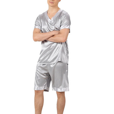 Set de pijamale din satin de mătase imitație pentru bărbați, cu imprimeu cu geometrie, gri argintiu, cu decolteu în V, pantaloni scurți cu mâneci, maiuri, tricou + pantaloni scurți Seturi de lenjerie de dormit