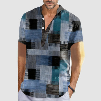 Винтидж за мъжка риза Риза с 3d пачуърк щампа Големи горнища Ежедневни летни улични облекла с къси ръкави Мъжка риза Henley Тениски 5xl