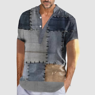 Vintage For Mens Shirt 3D Patchwork Print ing Túlméretes felsők Alkalmi, rövid ujjú nyári utcai ruházat Férfi Henley póló 5xl