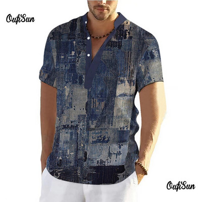 Vintage meeste särk 3D lapilise trükiga särk Suuremõõtmelised topid Vabaaja lühikeste varrukatega suvised tänavarõivad Meeste Henley särgi särgid 5xl