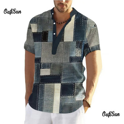 Vintage meeste särk 3D lapilise trükiga särk Suuremõõtmelised topid Vabaaja lühikeste varrukatega suvised tänavarõivad Meeste Henley särgi särgid 5xl