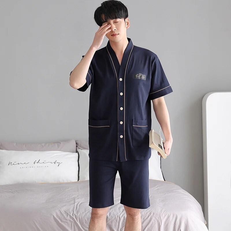 Nova pletena pamučna muška pidžama kratkih rukava Komplet muške kimono pidžame M-4XL