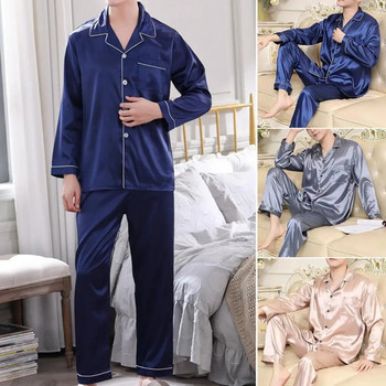 Мъжки пижамен комплект Мъжки комплект нощно облекло Мъжки сатенен комплект пижама с ревери с риза с дълъг ръкав Широки панталони Меко домашно облекло за есента