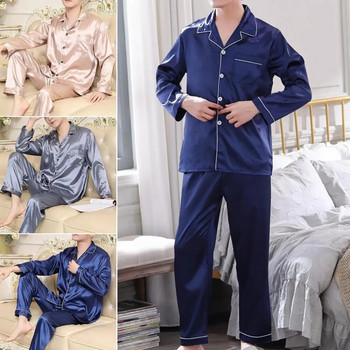 Мъжки пижамен комплект Мъжки комплект нощно облекло Мъжки сатенен комплект пижама с ревери с риза с дълъг ръкав Широки панталони Меко домашно облекло за есента