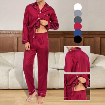 Мъжки пижами Комплекти от копринен сатен Пижама с отложна яка Спално облекло с дълъг ръкав Пролетно нощно облекло Мъжки комплекти от 2 части Домашно облекло
