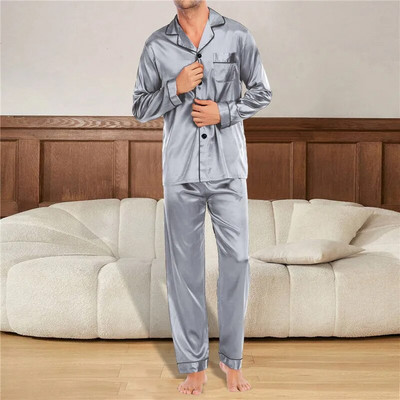 Muški kompleti pidžama od svilenog satena, pidžama s otvorenim ovratnikom, spavaćica s dugim rukavima, proljetna spavaćica, muški kompleti od 2 komada, kućna odjeća