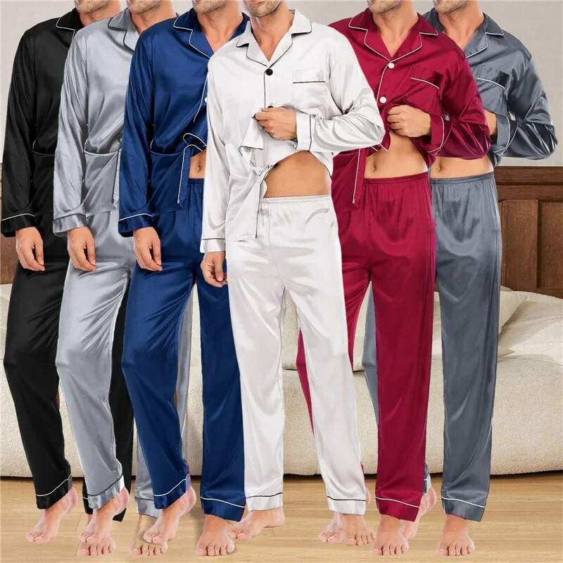 Muški kompleti pidžama od svilenog satena, pidžama s otvorenim ovratnikom, spavaćica s dugim rukavima, proljetna spavaćica, muški kompleti od 2 komada, kućna odjeća