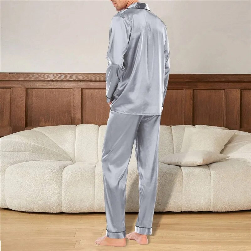 Muški kompleti pidžama od svilenog satena, pidžama s otvorenim ovratnikom, spavaćica s dugim rukavima, proljetna spavaćica, muški kompleti od 2 komada, kućna odjeća