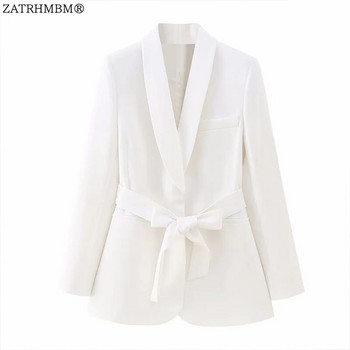 ZATRHMBM Γυναικεία Κομψή ασορτί ζώνη 2023 Λευκό σακάκι και ψηλόμεσο φερμουάρ Fly ίσιο παντελόνι Γυναικείο σετ δύο τεμαχίων Mujer