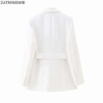 ZATRHMBM Дамски 2023 шикозен моден колан, бял блейзър и прав панталон с цип с висока талия, женски комплекти от две части Mujer