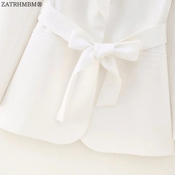 ZATRHMBM Γυναικεία Κομψή ασορτί ζώνη 2023 Λευκό σακάκι και ψηλόμεσο φερμουάρ Fly ίσιο παντελόνι Γυναικείο σετ δύο τεμαχίων Mujer