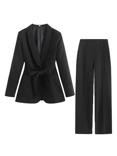ZATRHMBM Ženski šik modni odgovarajući remen za 2023. Bijeli blejzer i visoke ravne hlače s patentnim zatvaračem visokog struka Ženski dvodijelni kompleti Mujer