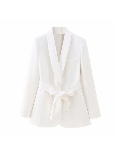 ZATRHMBM Ženski šik modni odgovarajući remen za 2023. Bijeli blejzer i visoke ravne hlače s patentnim zatvaračem visokog struka Ženski dvodijelni kompleti Mujer