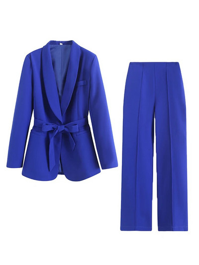ZATRHMBM Ženski šik modni odgovarajući remen za 2023. Bijeli blejzer i visoke ravne hlače s patentnim zatvaračem visokog struka Ženski dvodijelni kompleti Mujer