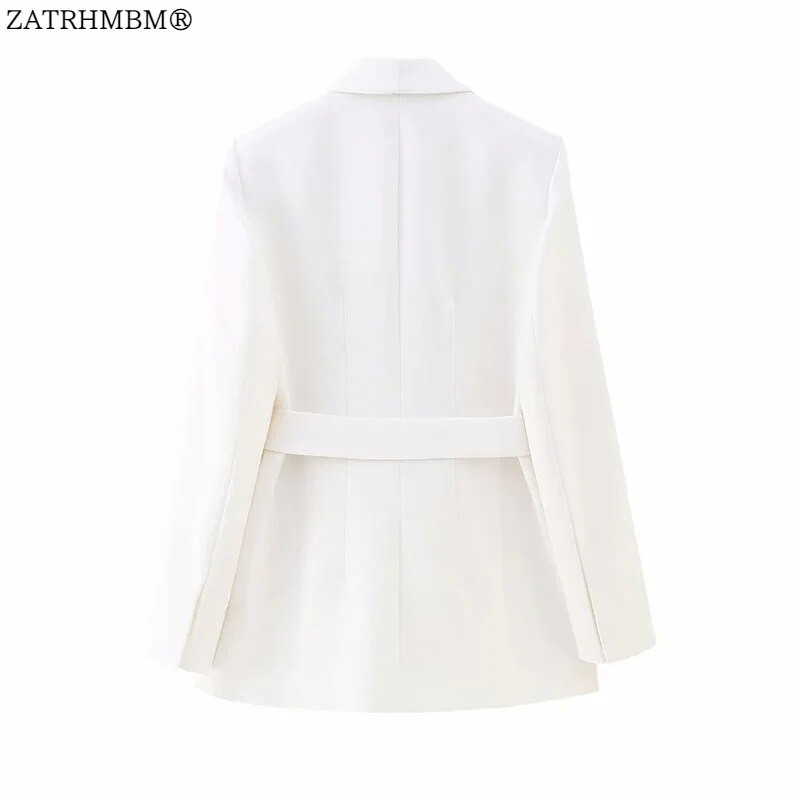 ZATRHMBM Ženski šik modni odgovarajući remen za 2023. Bijeli blejzer i visoke ravne hlače s patentnim zatvaračem visokog struka Ženski dvodijelni kompleti Mujer