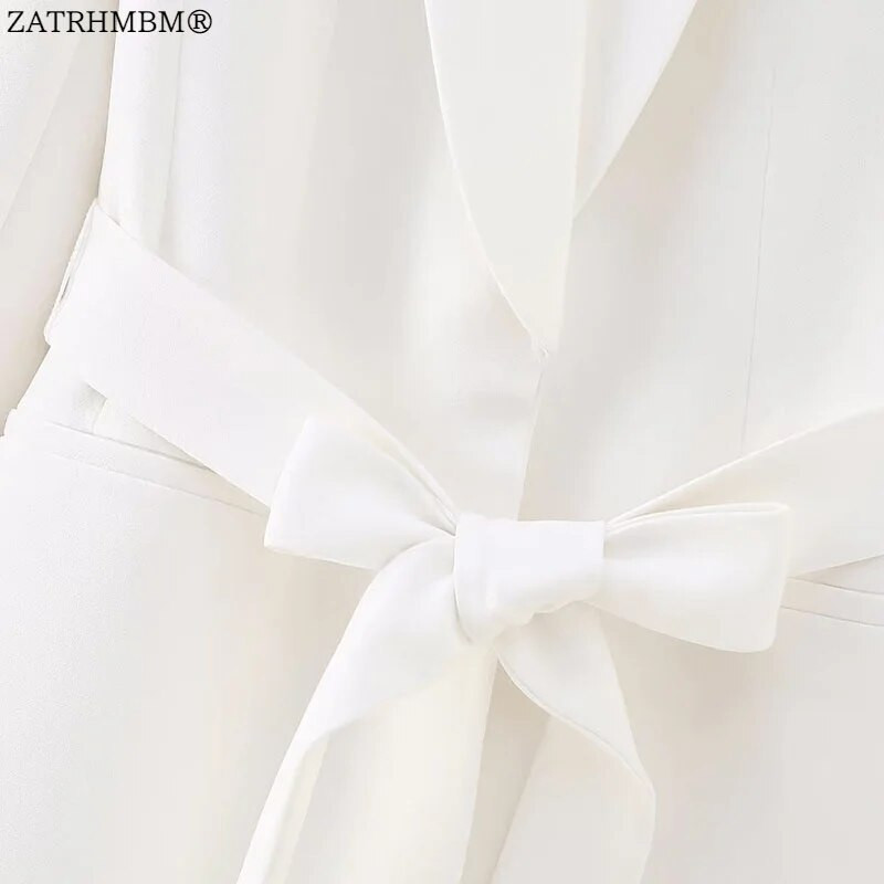 ZATRHMBM Ženski šik modni odgovarajući remen za 2023. Bijeli blejzer i visoke ravne hlače s patentnim zatvaračem visokog struka Ženski dvodijelni kompleti Mujer