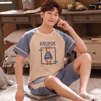 Корейски памучен мъжки дневен комплект от 2 части Пижамен комплект с къси ръкави Горнища за спане Панталони Спално облекло Лятно ежедневно домашно облекло