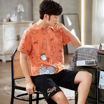 Корейски памучен мъжки дневен комплект от 2 части Пижамен комплект с къси ръкави Горнища за спане Панталони Спално облекло Лятно ежедневно домашно облекло