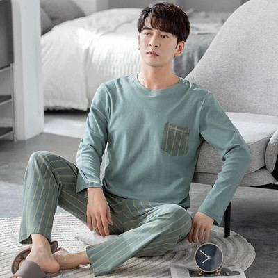 L-3XL мъжка пижама с дълъг ръкав чист памук пуловер с кръгло деколте мъжка пижама за ежедневно облекло