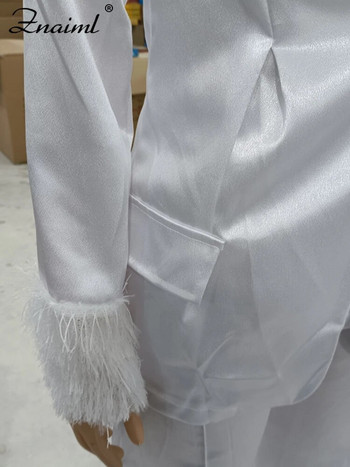 Znaiml Елегантни комплекти от две части с пера Дамски комплекти Сатенено сако с едно копче и комплекти с прави панталони Секси офис облекла