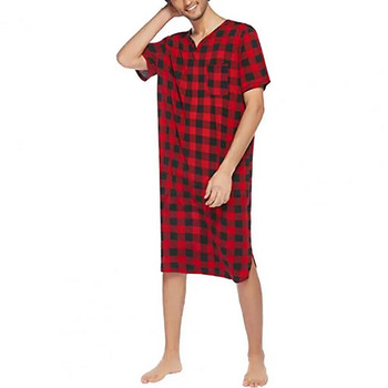 Нощница с кариран модел Мъжка лятна пижама с къси ръкави, джоб на гърдите, ежедневна роба за сън, домашно облекло за комфорт