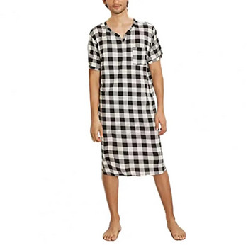 Νυχτικό με καρό σχέδιο Ανδρικές καλοκαιρινές πιτζάμες με καρό στάμπα με κοντό μανίκι Τσέπη στο στήθος Casual ρόμπα ύπνου για άνεση