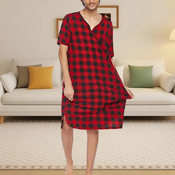 Νυχτικό με καρό σχέδιο Ανδρικές καλοκαιρινές πιτζάμες με καρό στάμπα με κοντό μανίκι Τσέπη στο στήθος Casual ρόμπα ύπνου για άνεση