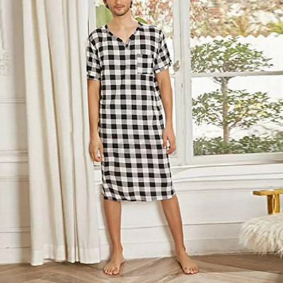 Нощница с кариран модел Мъжка лятна пижама с къси ръкави, джоб на гърдите, ежедневна роба за сън, домашно облекло за комфорт
