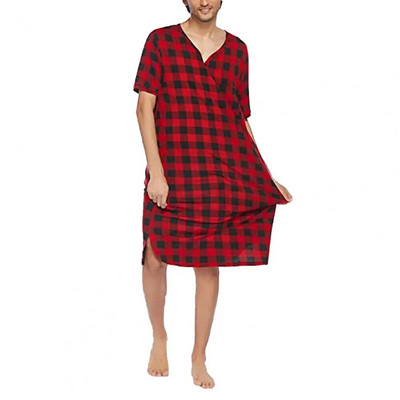 Kockás mintás hálóing Kockás mintás férfi nyári pizsama rövid ujjú mellkasi zsebbel Alkalmi hálóköntös otthoni ruha a kényelemért