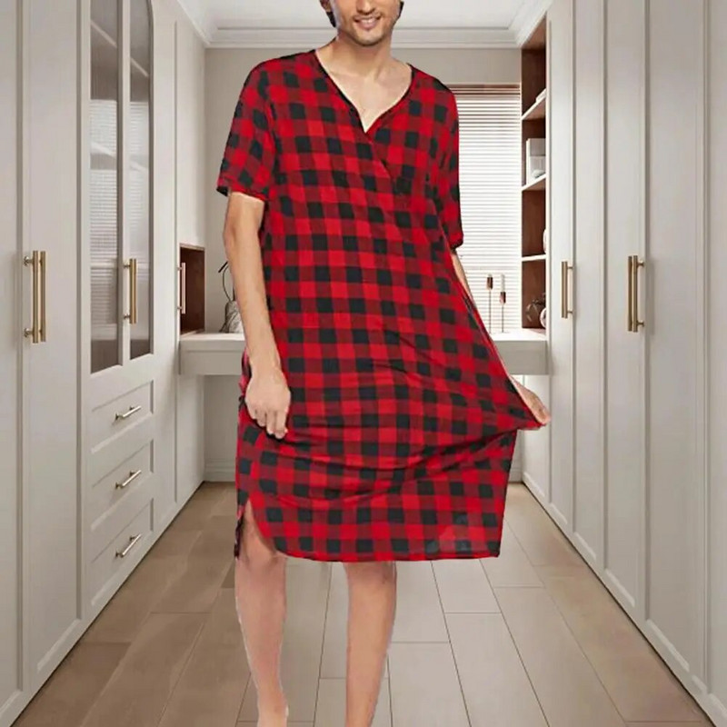 Kockás mintás hálóing Kockás mintás férfi nyári pizsama rövid ujjú mellkasi zsebbel Alkalmi hálóköntös otthoni ruha a kényelemért
