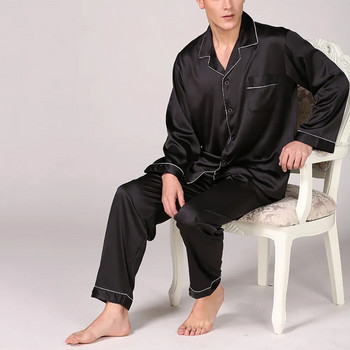 Мъжки пижамен комплект Летен имитационен копринен пижамен комплект Риза Панталони Домашна рокля Спално облекло Нощно облекло Пижами Ежедневни спално облекло с цип Панталони