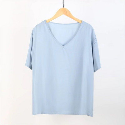 Vasariniai moteriški medvilniniai šilko marškinėliai pižama trumpomis rankovėmis vienspalviai „Collision Candy“ viršutinė didelio dydžio laisva V formos iškirptė išorinė pižama