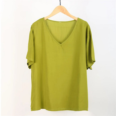 Vasariniai moteriški medvilniniai šilko marškinėliai pižama trumpomis rankovėmis vienspalviai „Collision Candy“ viršutinė didelio dydžio laisva V formos iškirptė išorinė pižama