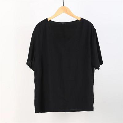 Vasariniai moteriški medvilniniai šilko marškinėliai pižama trumpomis rankovėmis vienspalviai „Collision Candy“ viršutinė didelio dydžio laisva V formos iškirptė išorinė pižama