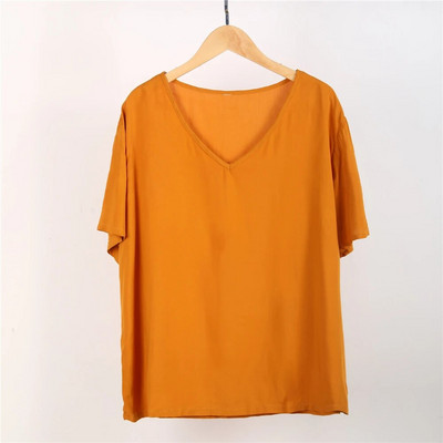 Vasariniai moteriški medvilniniai šilko marškinėliai pižama trumpomis rankovėmis vienspalviai „Collision Candy“ viršutinė didelio dydžio laisva V formos iškirptė išorinė pižama