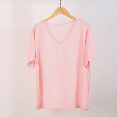 Vasariniai moteriški medvilniniai šilko marškinėliai pižama trumpomis rankovėmis vienspalviai „Collision Candy“ viršutinė didelio dydžio laisva V formos iškirptė išorinė pižama