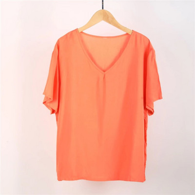 Vasariniai moteriški medvilniniai šilko marškinėliai pižama trumpomis rankovėmis vienspalviai „Collision Candy“ viršutinė didelio dydžio laisva V formos iškirptė išorinė pižama