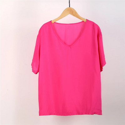 Vasariniai moteriški medvilniniai šilko marškinėliai pižama trumpomis rankovėmis vienspalviai „Collision Candy“ viršutinė didelio dydžio laisva V formos iškirptė išorinė pižama