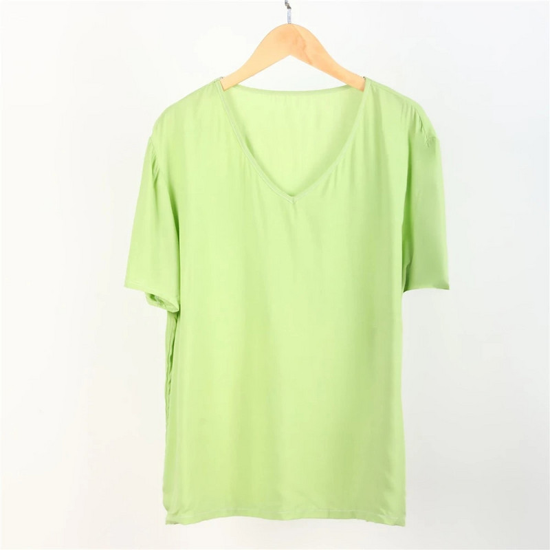 Vasariniai moteriški medvilniniai šilko marškinėliai pižama trumpomis rankovėmis vienspalviai „Collision Candy“ viršutinė didelio dydžio laisva V formos iškirptė išorinė pižama