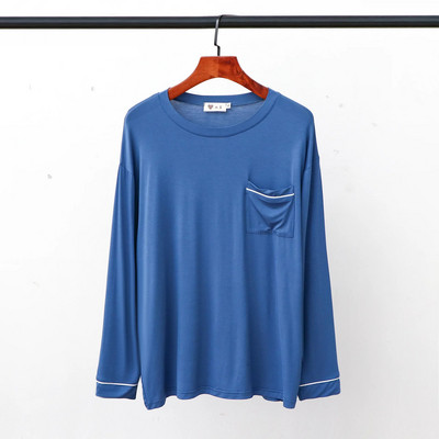 Modalne majice za spavanje s džepovima, muška ležerna odjeća s dugim rukavima i okruglim izrezom, labava, glatka, elastična, tanka kućna odjeća veće veličine