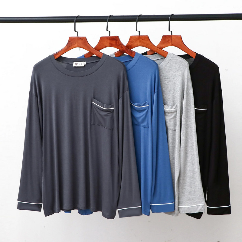 Modalne majice za spavanje s džepovima, muška ležerna odjeća s dugim rukavima i okruglim izrezom, labava, glatka, elastična, tanka kućna odjeća veće veličine